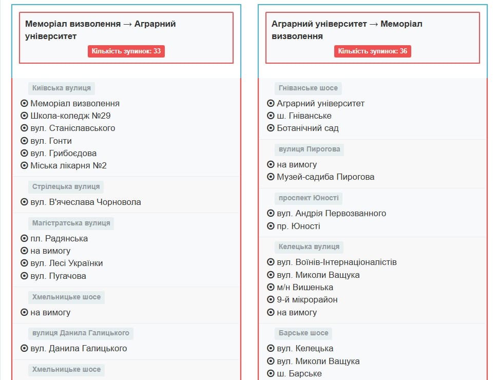 Маршрут автобуса №16 у Вінниці