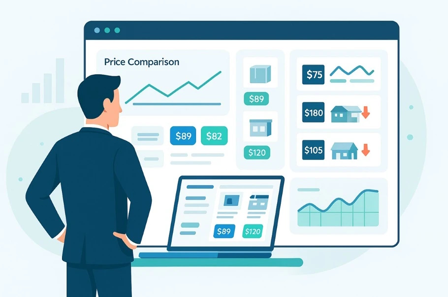 IMG_01 Менеджер e-commerce анализирует цены конкурентов на веб-дашборде — человек изучает графики, карточки товаров и динамические ценники в современном цифровом интерфейсе.